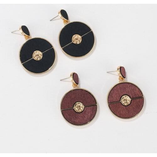 Hammered Metal Semicircle Matching Round Shape Wood Earrings for Women Gold Color Metal Frame Geometric Disc Earrings Jewelry