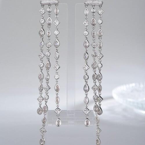 Womens Banquet Luxury Fashion Long Geometric Tassel Drops Full Mirco Pave Cubic Zirconia Engagement Wedding Dangle Earrings Fas