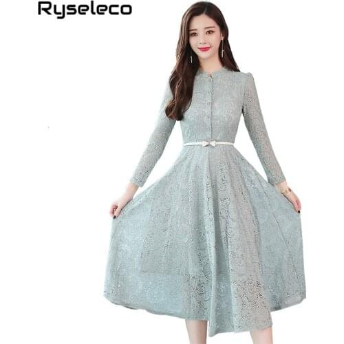 Female New 2018 Autumn Quality Lace Dress Runway Slim Sexy Hollow Out Casual Women Long Sleeve Vintage Plus size Flare Vestidos
