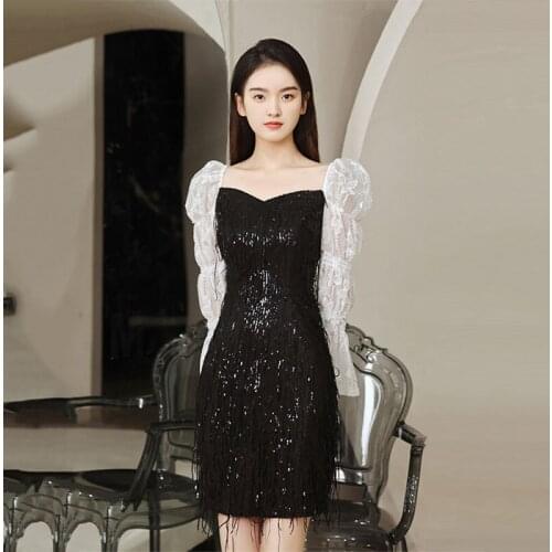 Prom Gown Strapless Sequins Elegant Above Knee Simple Zipper Back Mermaid Empire Full Sleeves Plus Size Party Gowns Women A1475