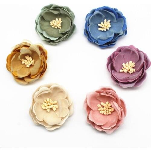 10PCS Chic Chiffon Sewing Flowers Boutique Hair Flowers Rhinestone Pearl Center Cute Hair Flower 4.5cm No Hair Clips