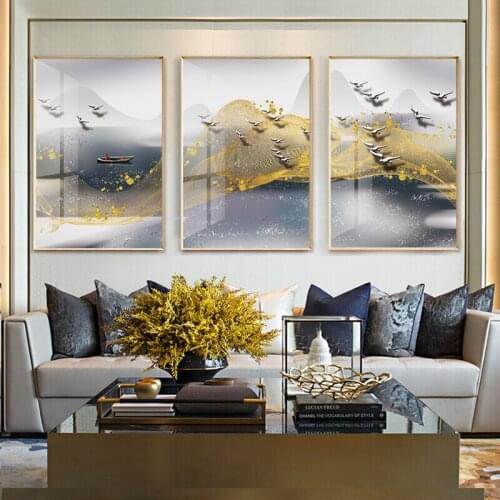 Abstract Golden Bird Mountain Landscape Canvas Painting Wall Art Print Poster Picture Wall Nordic Decorative Picture Home Decor