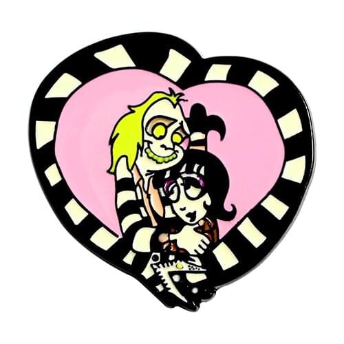 Beetlejuice and Lydia Lapel Pin Enamel Brooches Love Heart Worm Pin for Clothes Backpack Badges Jewelry Gift For Friends Kids