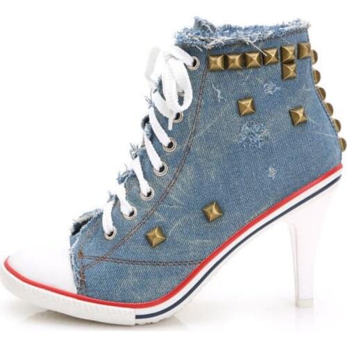 Shoes Woman Spring Boots Canvas High Heels Rivets New Style Lace-Up Autumn Zip Female Camping Shoes Flat Motorcycle Boots