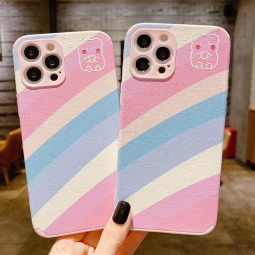 Pink Rainbow Stripe Phone Case for iPhone 12 11 Pro Max Xs Max Xr 7 8 Plus Cartoon Bear Camera Protection Tpu Back Cover