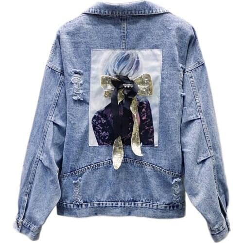 2020 New Autumn Harajuku Denim Jacket Sequins Beauty Applique Jeans Jacket Frayed Holes Casual Outwear Streetwear Denim Coat 357