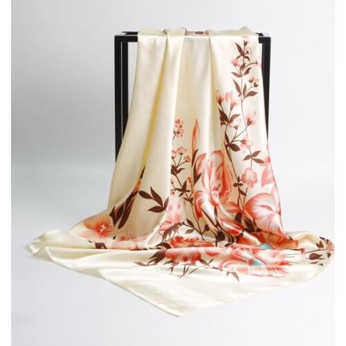 FXAASS Bandana Women Hijab Square Scarf Fashion Ladies Retro Luxury Silk Scarf Shawls Flower Print 90*90cm Large Cape Headscarf