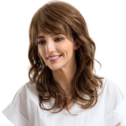 Coffee Color Wavy Wig Huamn Hair Mixed Synthetic Natural Long Curly Wigs Loose Body Wave Wigs Full Wigs for Women