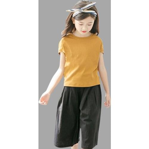 Childrens Clothing Summer Teenage Girls Clothing Cotton Solid Shirt+Pants 2 Pcs Teen Costumes For Girls 3 4 6 8 10 12 Yaers