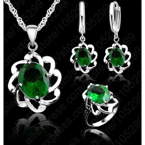 Hot Sale Jewelry Set 925 Sterling Silver Chains Austrian Crystal Earring Necklace Ring Set Flower 3 Set Wedding Gift Set