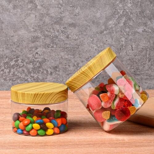 Food Transparent Plastic Bottle Body 100ml/200ml/300ml/500ml With Wooden Lid Container Kitchen Food Storage Cans Candy Jar