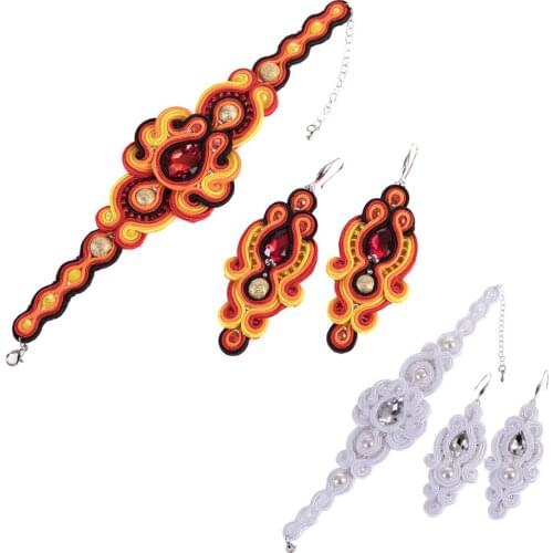 KPacTa Leather Round Ladies Earrings Bracelet Set Personality Retro Handmade Big Pendant Earrings Bracelet National Wind Gift