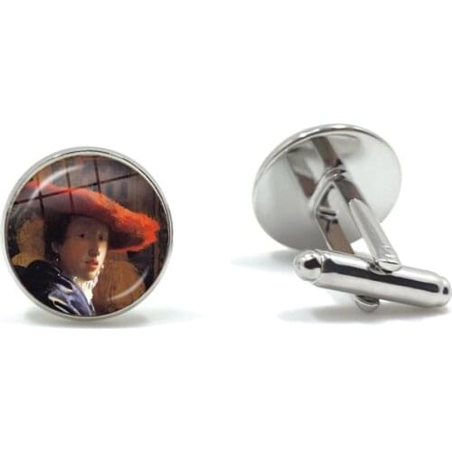 Fashion Silver Color Punk Style Cufflinks Vermeer Oil Painting Girl Wearing Pearl 16mm Glass Cabochon Cuff Button for Gift