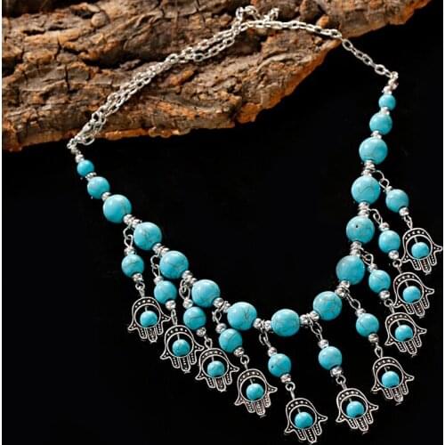 Fashion Boho Jewelry Blue Stones Pendant Necklaces Fashion Jewelry Ethnic Womens Silver Color Hand Necklace Gift