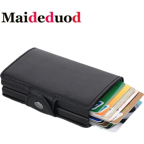 New RFID Blocking Card Holder PU Leather Mini Wallet Security Information Double Box Aluminum Credit Card Holder Metal Purse