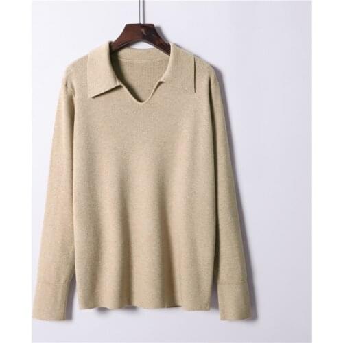 New Autumn Winter Clothes POLO Collar Small V-neck Knitted Long-sleeved Sweaters Solid Color Loose Comfortable Thin Women Tops