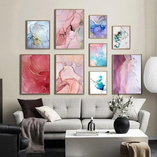 Modern Abstract Blue Pink Colorful Picture Canvas Painting Home Decor Wall Art Poster and Print Watercolor Art for Living Room