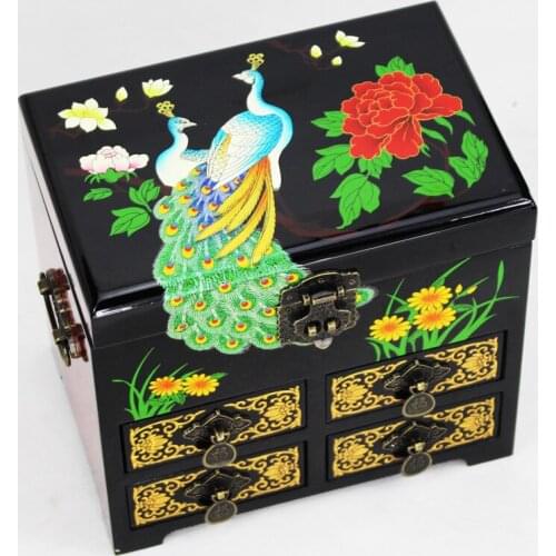 Wedding Gift Large Wooden Box with Lock Decoration Storage 4 layer Drawer Pull Box for Jewelry Box Fancy Lacquerware Makeup Case