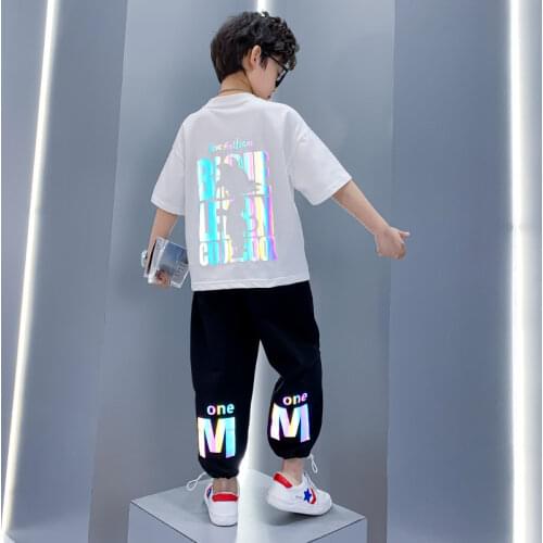 New Summer Boys Clothes Sets Fashion Reflective Letter Print Short Sleeve Tops & Pants Children Sport For Boys 4 6 8 10 12 Years