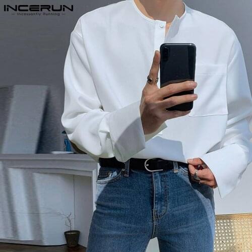 Spring Man Casual Pockets Camisa INCERUN Men Solid Color Shirts Long Sleeve Round Neck Blouse Leisure Button Breathable Chemise
