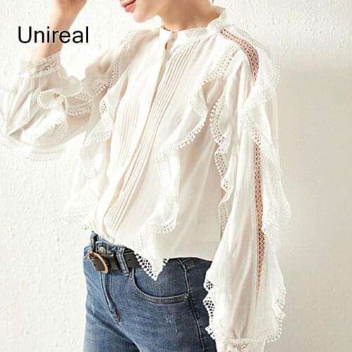 Unireal 2021 Summer Women Chiffon Blouse Long Sleeve Sexy See Through Ruffle White Blouse Shirt Vintage Tops