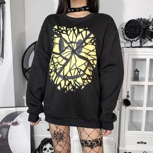 Goth Smile Emo Graphic Print Sweatshirts Y2K Harajuku Punk Black O Neck Loose Hoodies Streetwear E Girl Autumn Clothes
