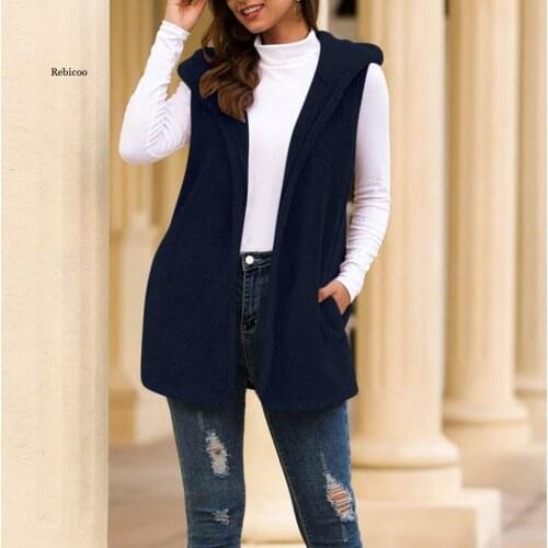 Womens Vest Woolen Winter Jacket Hooded Faux Fur Coat Fashion Casual Cashmere Vest Cardigan Hoody Vest