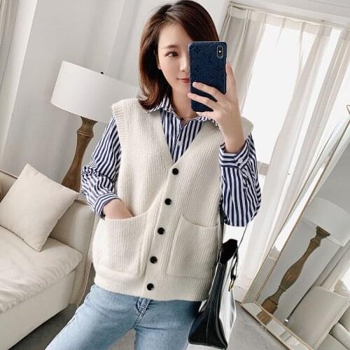 Women Solid Color Sweater Vest Fall Female Fashion Crop Top Sleeveless Knitted Cardigan Jumper Vest Ladies Tops Waistcoat Q256