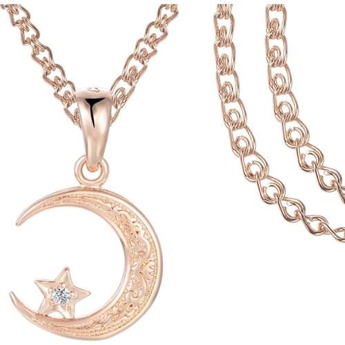 FJ Women Men 585 Rose Gold Color Moon Crystal Star Pendant LInk Chain Necklace