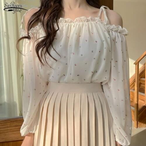 2021 Summer New Slash Neck Print Floral Chiffon Shirt Women Off Shoulder Blouse Women Clothing Sweet Girls Long Sleeve Top 14937