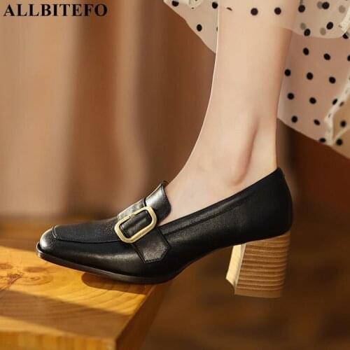 ALLBITEFO Fashion brand genuine leather buckle thick heels party women shoes women heels shoes high heels shoes stiletto