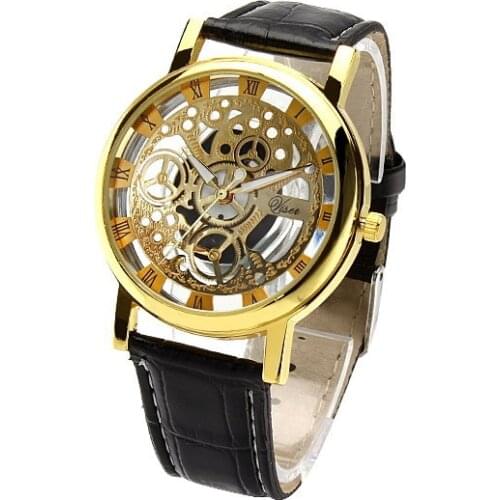 Fashion Business Skeleton Watch Men Engraving Hollow Reloj Hombre Dress Quartz Wristwatch Leather Band Women Clock Relojes Mujer