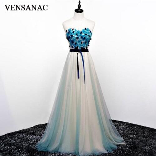 VENSANAC Flowers Appliques Strapless A Line Long Evening Dresses 2018 Lace Embroidery Sash Backless Party Prom Gowns