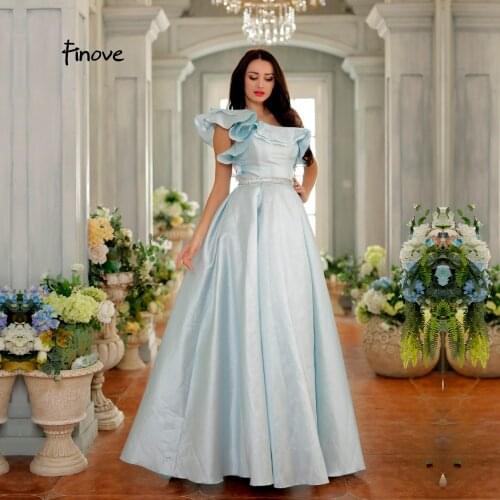 Finove Ball Gown Evening Dress 2019 New Arrivals Fashionable One-Shoulder Ruffles Design Crystals Beading Floor-Length For Woman