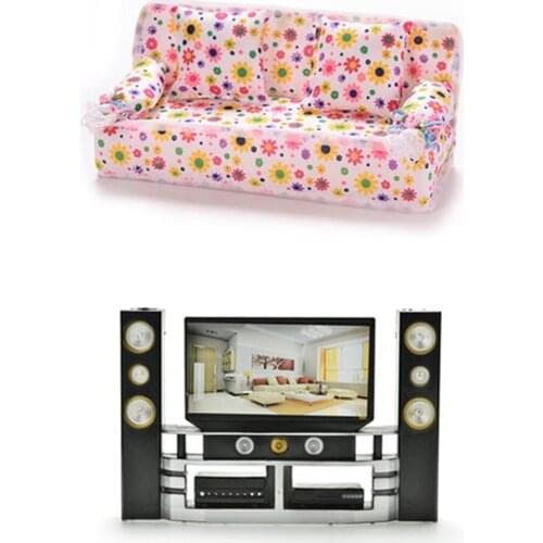 1:6 HI-FI TV Cabinet Audio Player / Couch Sofa+2 Cushions for Dolls Accessories Dollhouse Miniature Living Room Furniture