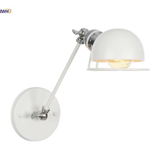 IWHD RH Loft Decor Retro LED Wall Light Fixture Bedroom Mirror Stair Beside White Arm Industrial Vintage Wall Lamp Sconce Edison