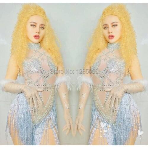 Shining Rhinestones Bodysuit Blue Tassels Leotard Jumpsuit Female Singer Star Party Birthday Celebration One Piece Stage Outfits