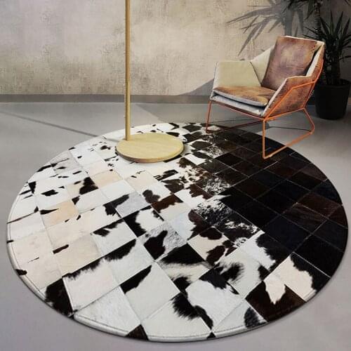 Black and White Round Natural Cowhide Seamed Patchwork Rug ,genuine Cows Skin Fur Carpet for Living Room Bedroom Decoration Mat