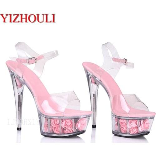 Summer weddings, new fashion sexy heels and pink rose decorative platform womens shoes, with a 15CM high heel sandals