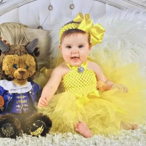 Cute Baby Yellow Tutu Dress Infant Girls Crochet Tulle Dress with Hairbow Set Newborn Birthday Party Costume Photography Dress