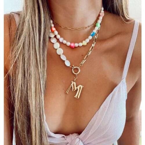 Vedawas Fashion Pearls Letter Pendant Necklace for Women Boho Metal Beaded Layer Collar Choker Necklace Set Jewelry Party Gifts