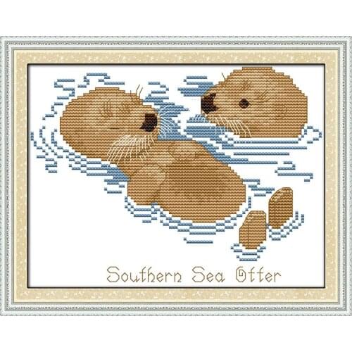 Sea otters cross stitch kit cartoon 11ct count canvas stitches embroidery DIY handmade needlework plus