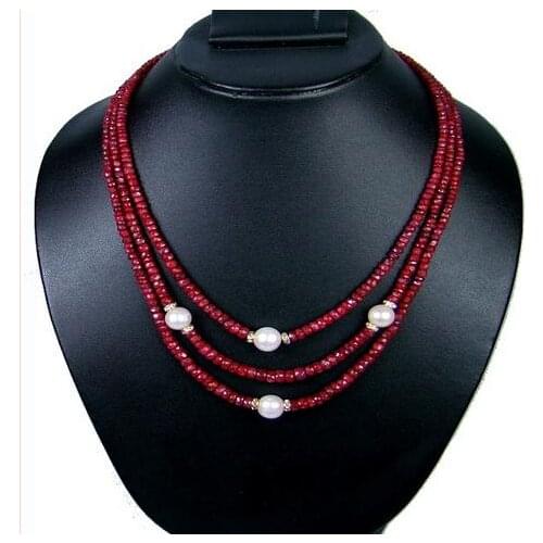 Newest Natural Rubys Rhinestone Natural Freshwater Pearl Necklace,3Rows Fashion Birthday Chirtsmas Gift For Women