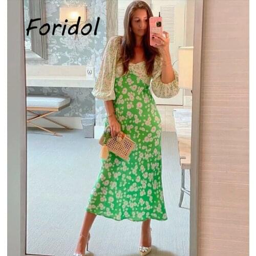 Elegant Daisy Floral Midi Dresses for Women Long Dress Maxi Office Ladies Spring Autumn Dress Flower Print Green Fashion