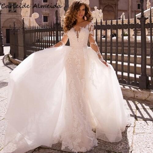 Scoop Neck Long Sleeves Mermaid Wedding Dresses with Detachable Skirt 2 IN 1 Wedding Gowns Customized Bride Elegant Dress