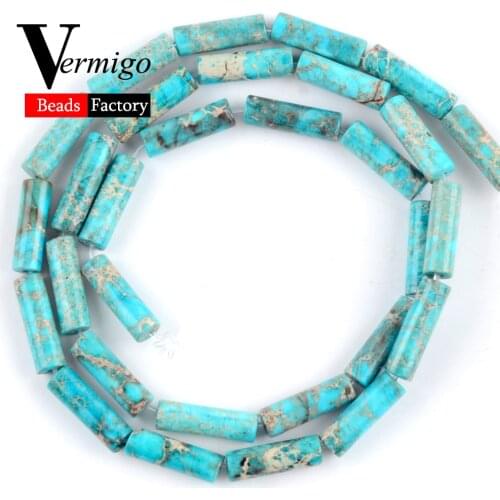 Natural Lake Blue Sea Sediment Jaspers Column Beads For Jewelry Making DIY Necklace Bracelet Spacer Loose Beads 4mm*13mm 15"