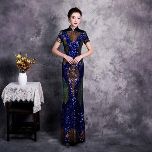 S-5XL Autumn Evening Cheongsam Women Stage Show Velour Sequined Long Party Qipao Vintage Chinese Female Elegant Dress Vestido