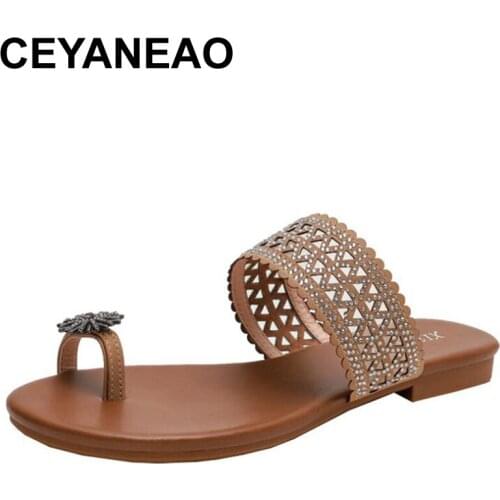CEYANEAO Summer Flip Flops Women Flats Fashion Ladies Sandals Soft Leather Female Low Heel Slippers Shoes Large Plus Size 36-42
