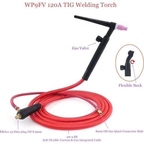 WP9FV 120A TIG Welding Torch 3m Soft Hose Gas Tungsten WP9 Argon Air Cooled Flexible Valve 10-25 8mm Quick Connector Welder