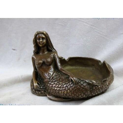 China brass carved beautiful sculpture sea-maid mermaid ashtray Statue